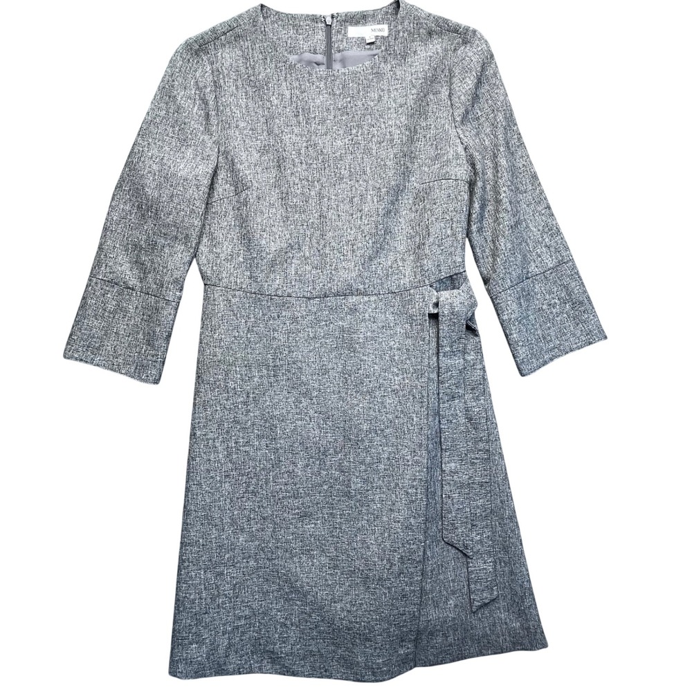 MIXXO Women Gray Textured Sheath‎ Dress Belted 3/4 Sleeve Business Casual Size S